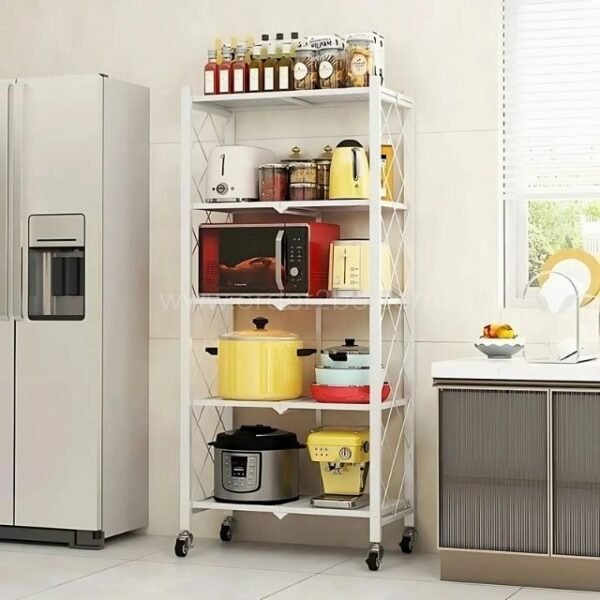 White 5-tier shelving unit on wheels, organizing kitchen appliances like a toaster, microwave, and jars.