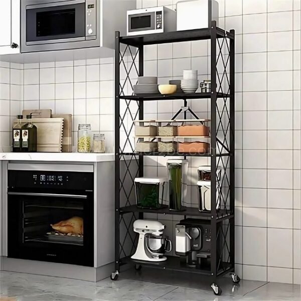 Black 5-tier shelving unit organizing kitchen items like a microwave, toaster, and stand mixer.