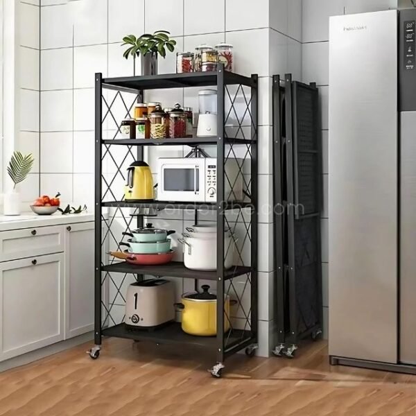 Black 5-tier shelving unit holding a microwave, electric kettle, and kitchen jars.