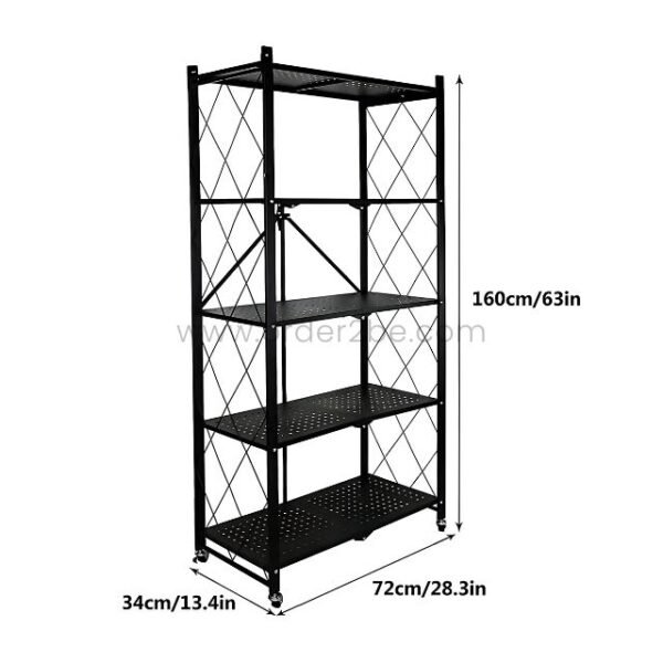 Black metal 5-tier shelving unit with dimensions: 160 cm tall, 72 cm wide, and 34 cm deep.