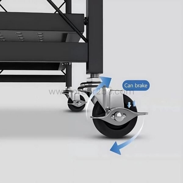 Close-up of a caster wheel on the 5-tier storage rack, featuring a brake for stability.