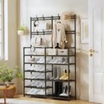 7-Tier shoe rack with shelves and hooks for shoes, bags, and accessories. Positioned in a well-lit room with plants, enhancing home organization.