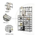 7-Tier shoe rack with shelves for shoes, hanging space for clothes, and storage for boxes. A multi-functional, compact storage solution.