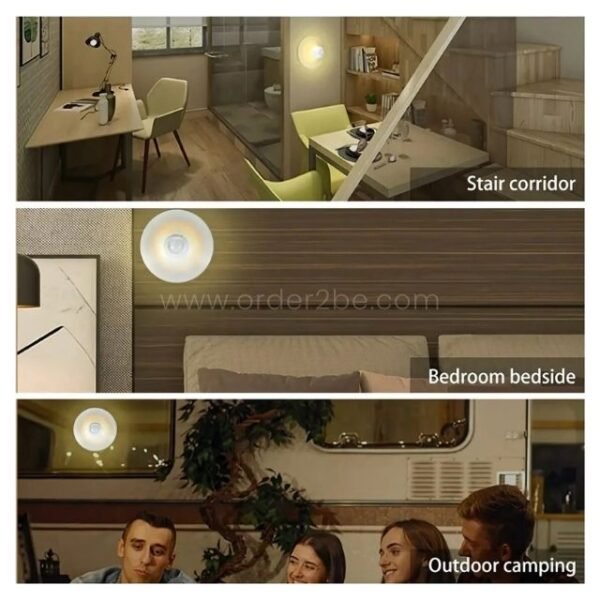 Motion sensor wall lamp in stairway, bedroom, and outdoor use.