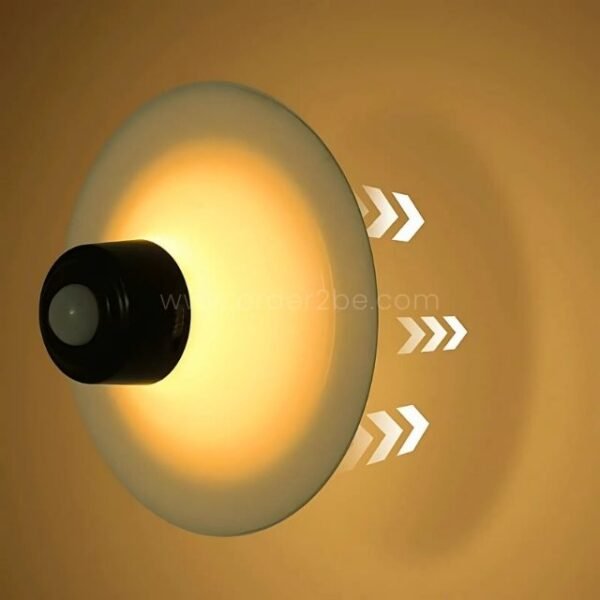 Wall-mounted motion sensor lamp with easy suction cup, emitting a soft yellow glow.
