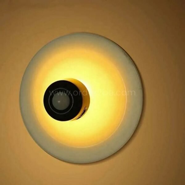 Motion sensor wall lamp glowing warmly on a modern minimalist wall.