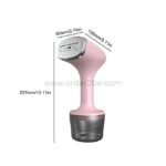 Pink portable garment steamer with labeled dimensions: height, width, depth.