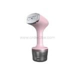 Pink portable garment steamer with transparent water tank and metallic steam plate.