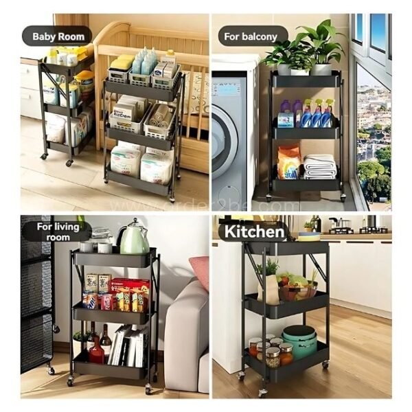 Rolling cart used in nursery, balcony, living room, and kitchen, demonstrating its multi-room functionality.