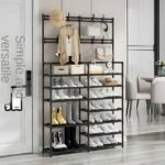 7-Tier shoe rack with shelves and hooks, organizing shoes, boots, bags, and hats. Ideal for entryways or hallways with its sleek black design.