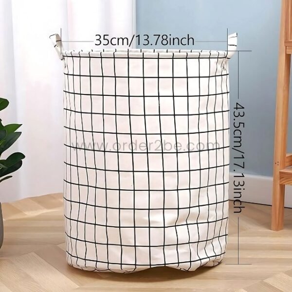 Cylindrical laundry basket with grid pattern, labeled with 35 cm diameter and 43.5 cm height.