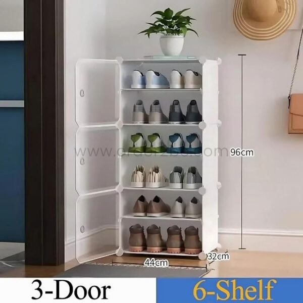 White 6-tier shoe cabinet with translucent doors, placed against a wall with a potted plant.