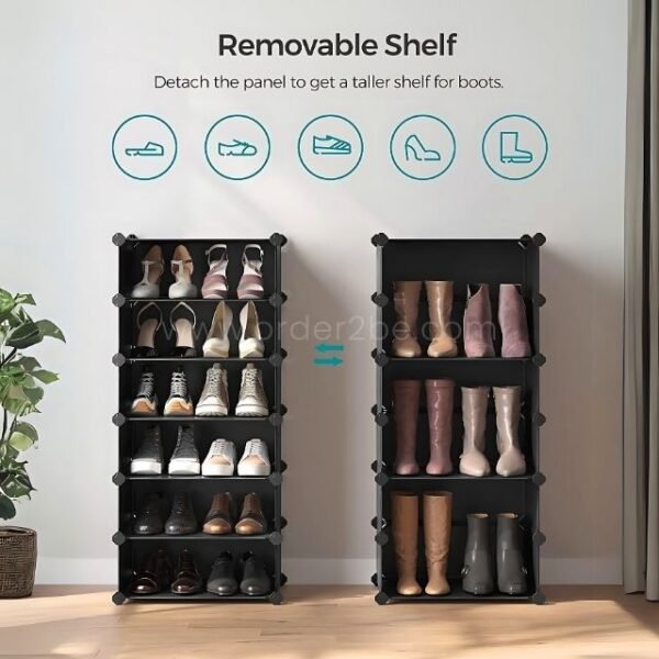 Two black shoe cabinets side by side with adjustable shelves for boots and shoes.