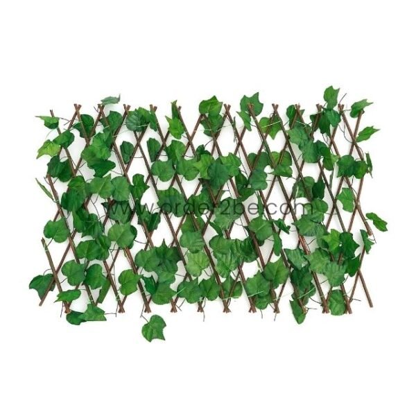 Decorative green leaf trellis with wooden slats arranged in a diamond pattern, adding a natural aesthetic to any space.