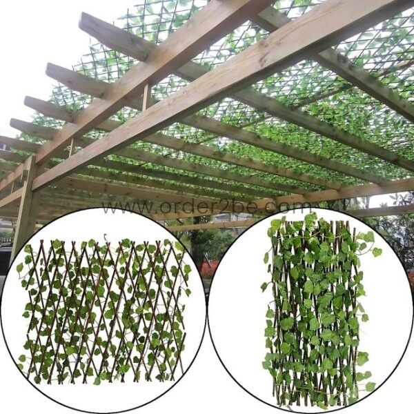 Expandable garden fence with green grape leaves on a crisscross wooden trellis under a pergola. Adds shade, privacy, and enhances garden aesthetics.