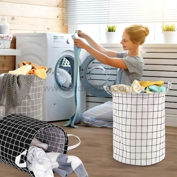 Laundry baskets in use in a wooden laundry room with natural sunlight and shelves of laundry supplies.