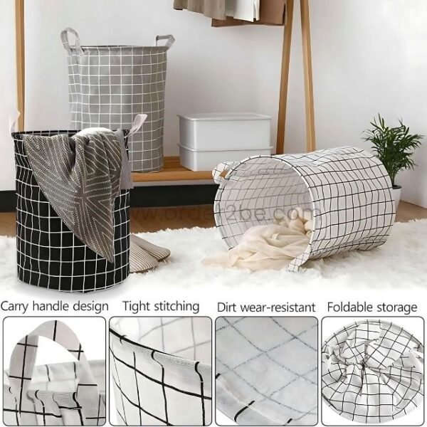 Three grid-pattern laundry baskets with close-up details of stitching, handles, and dirt-resistant fabric.