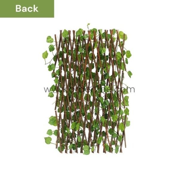 Back view of a wooden expandable trellis with green leaves, showcasing the sturdy crisscross structure and support for climbing plants.