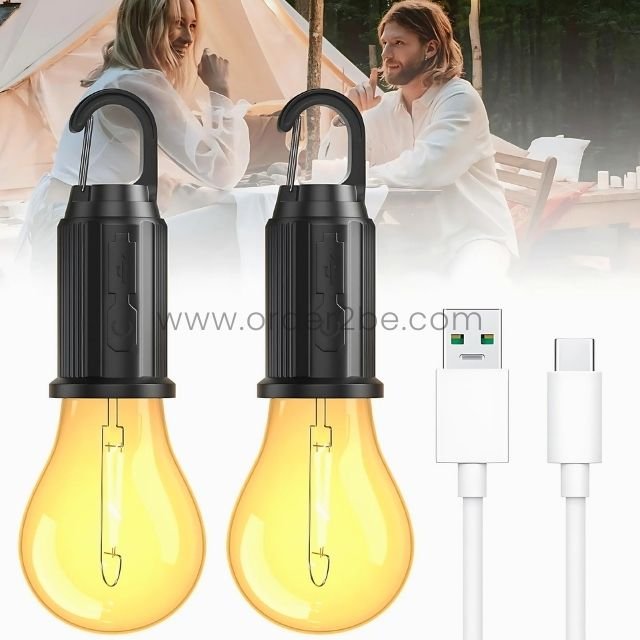 Two portable LED light bulbs with hooks, emitting a warm glow, with USB charging cable, perfect for outdoor and camping use.