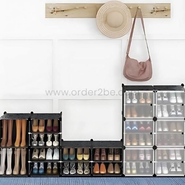 Spacious shoe storage unit with multiple compartments and a wooden rack holding accessories.