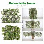Expandable garden fence with green leaves, shown in different extension states.