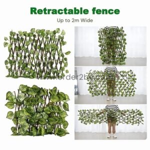 Retractable Garden Fence – Wood Trellis w/ Lush Leaf Design, 2m