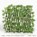 Green leaf trellis with expandable wooden frame, showing dimensions.