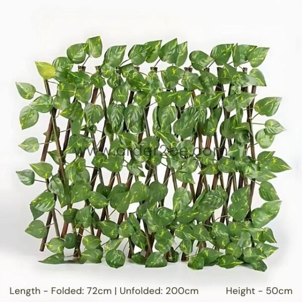 Green leaf trellis with expandable wooden frame, showing dimensions.
