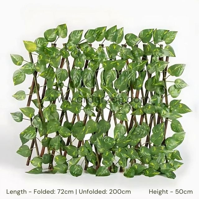 Green leaf trellis with expandable wooden frame, showing dimensions.