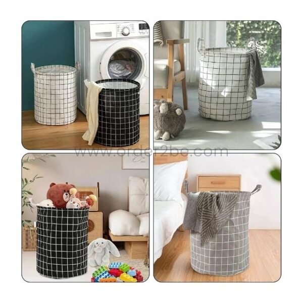 Collection of black, white, and grey cylindrical laundry baskets and bags with grid patterns, displayed across home spaces.