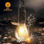 Waterproof LED light bulb with hook, illuminated and resistant to splashes, perfect for outdoor and wet environments.