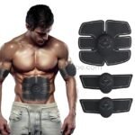 A fit person wearing the EMS 6-pack abs trainer on their abs and arms, highlighting its sleek black design with red and white controls. The device targets muscle stimulation for toning and strength at home or on the go.