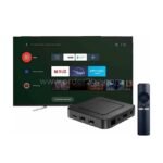 Sleek black 4K Android TV Box below a large TV displaying vibrant streaming apps like Netflix and YouTube, with a remote control nearby for easy navigation.