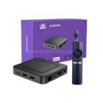 Unboxing a 4K Android TV Box set featuring the device, remote, and packaging highlighting 4K Ultra HD and app logos like YouTube and Disney+.
