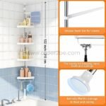 Adjustable shower corner rack with towel holder, hooks, and rustproof shelves.