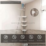 Tool-free shower corner rack with compression system for easy installation.