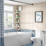 Adjustable shower corner rack in a modern bathroom holding bottles and towels.