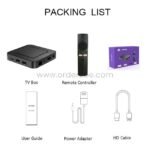 Packing list for the 4K Android TV Box set, including the device, remote, user guide, power adapter, and HDMI cable.