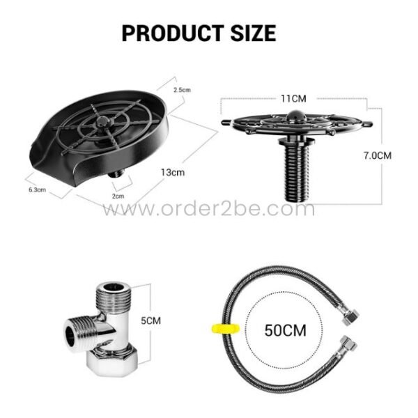 A labeled diagram showing the dimensions of the automatic cup and glass washer’s components.