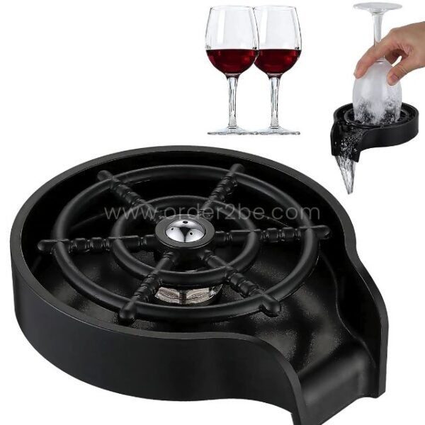 A wine glass being rinsed upside down on the automatic cup and glass washer, with two filled glasses nearby showcasing its efficiency.