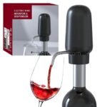 Automatic wine aerator & dispenser pouring red wine into a glass showcasing sleek design and efficient aerating feature