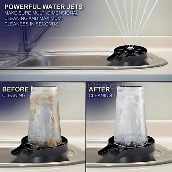 High-pressure jets in the automatic cup and glass washer removing stains from a glass in seconds.