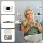Wireless 4G Wi-Fi router shown in a cozy living room, demonstrating its compact design and easy portability for home use.