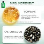 A close-up infographic of Disaar hair oil’s key ingredients—squalane and castor seed oil—showcasing their benefits for elasticity, shine, and nourishment.