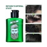 A green bottle of Disaar hair oil alongside four images showing hair transformation stages, emphasizing its ability to restore hair health.