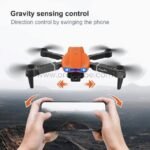 E99 Pro Foldable Drone controlled via smartphone using gravity sensing, with directional arrows highlighting intuitive navigation.