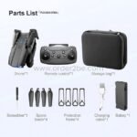 Accessories for the E99 Pro Foldable Drone, including a remote, screwdriver, and protective frames, laid out neatly.