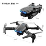E99 Pro Foldable Drone shown in both folded and unfolded forms, with dimensions highlighted for portability.