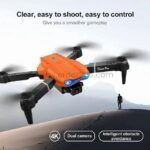 Orange E99 Pro Foldable Drone showcasing dual cameras and obstacle avoidance, with promotional text highlighting its features.