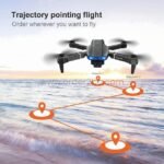 E99 Pro Foldable Drone flying over water, with trajectory lines showing its precise navigation for aerial photography.